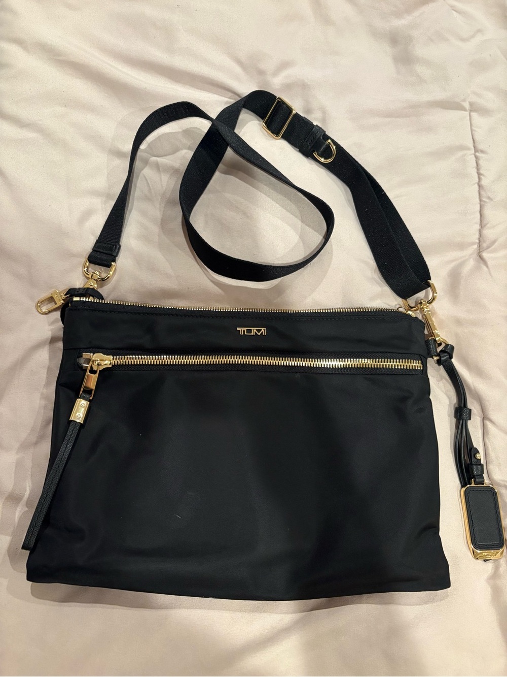 Tumi Black Nylon Crossbody Bag with Gold Hardware